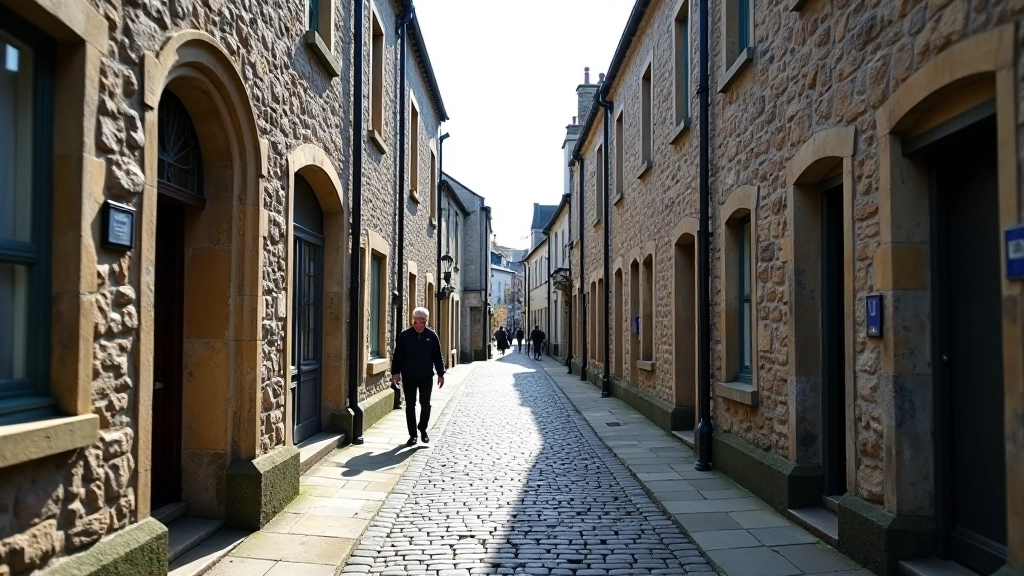Narrow medieval laneway in Kilkenny with historic buildings, uneven cobblestones, and period architecture