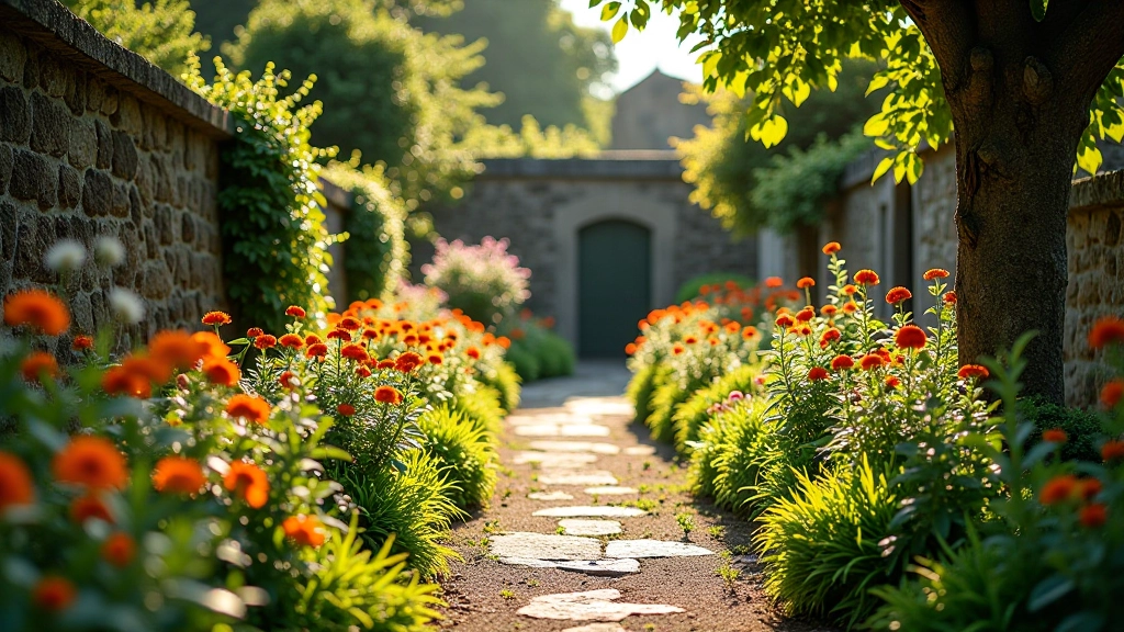 Historic garden with period flowers and stone structures