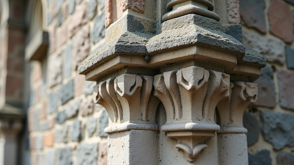 Close-up detail of weathered medieval stone carving and architectural elements on historic Kilkenny building facade