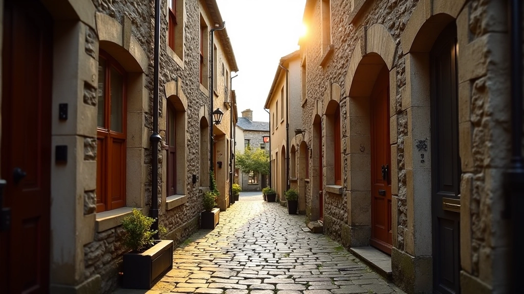 Medieval narrow laneway in Kilkenny with stone buildings on both sides, period windows, and historic architecture