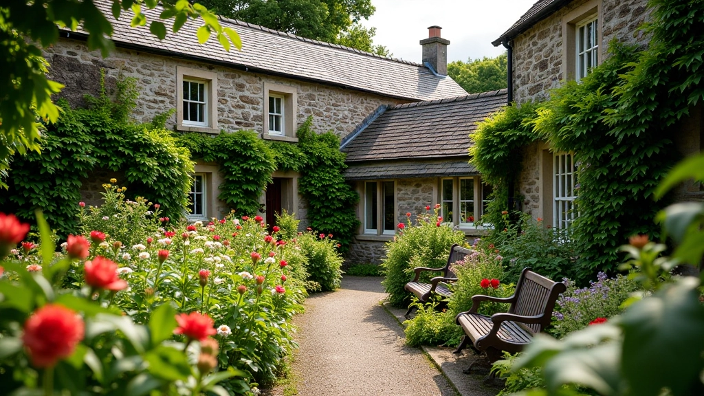 Rothe House garden with traditional Irish architecture, flowering plants, and stone walls in background